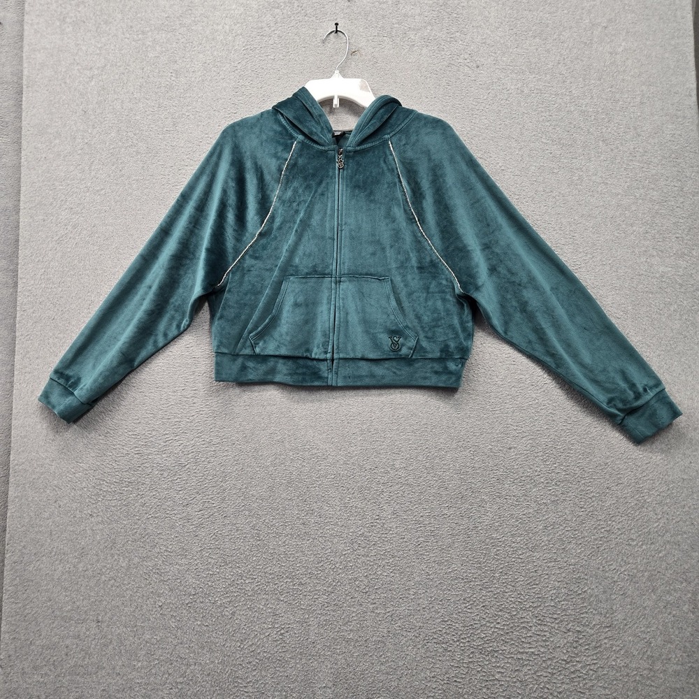 Victoria's Secret Women Hoodie S Teal Embroidered ON POINT Pockets Velour